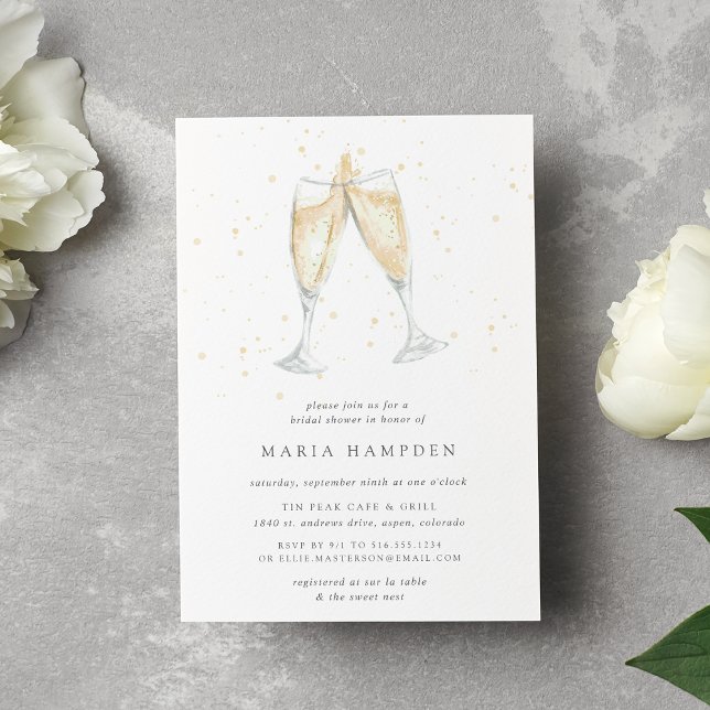 Convites Tosta de champanhe | CHÁ DE PANELA (Champagne themed bridal shower invitation printed on matte white paper)