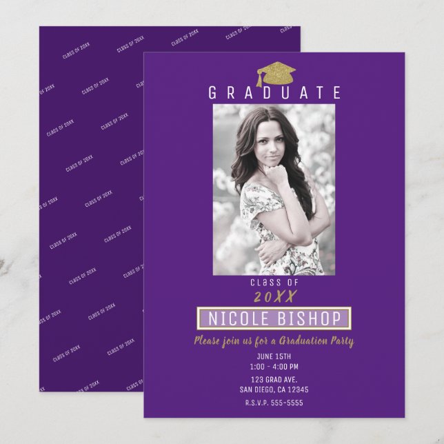 Convites Touca de Gradução com Purpurina Dourada Festa de F (Frente/Verso)