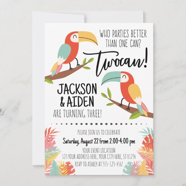 Convites Toucan Birthday Invitation Brothers Boy Twocan (Frente)