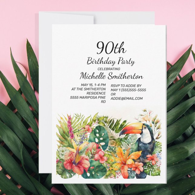 Convites Toucan Floral Tropical Aniversário de 90 anos  (Criador carregado)