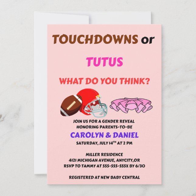 Convites Touchdowns ou Tutus Festa de Revelação de Gênero (Frente)