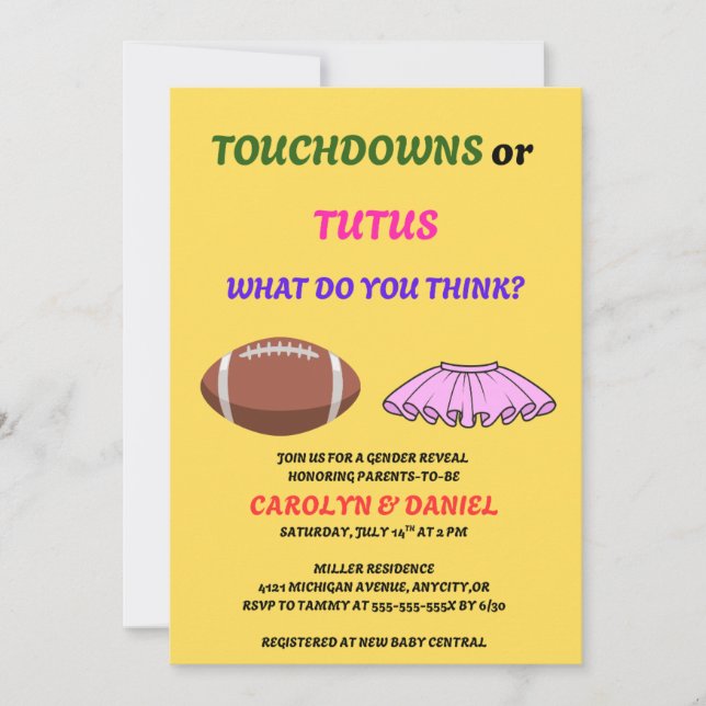 Convites Touchdowns ou Tutus Festa de Revelação de Gênero (Frente)