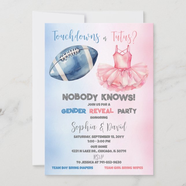 Convites Touchdowns ou Tutus Gender Revement Party (Frente)