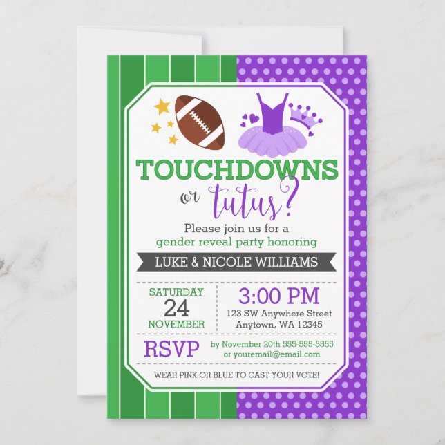 Convites Touchdowns ou Tutus Purple Gender Revement Party (Frente)