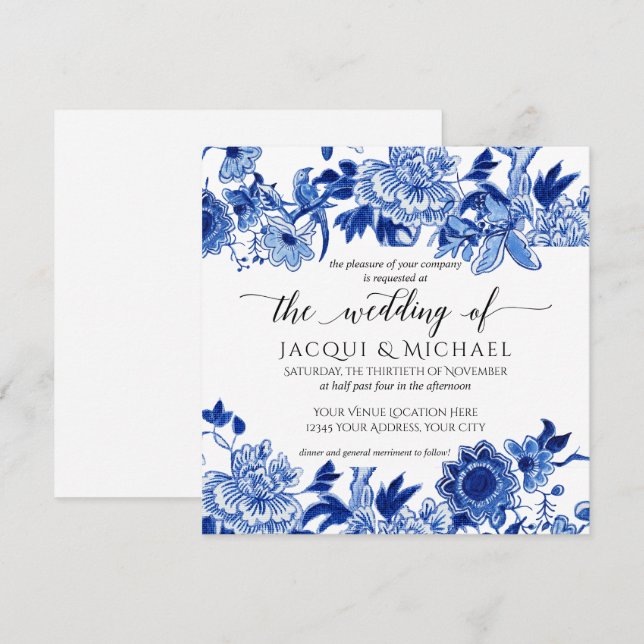 Convites Trabalho de arte de Casamento Floral Azul Branco s (Frente/Verso)
