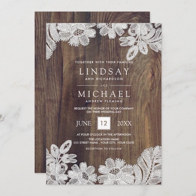 Convites Traço branco | Casamento de madeira de barn (Frente/Verso)