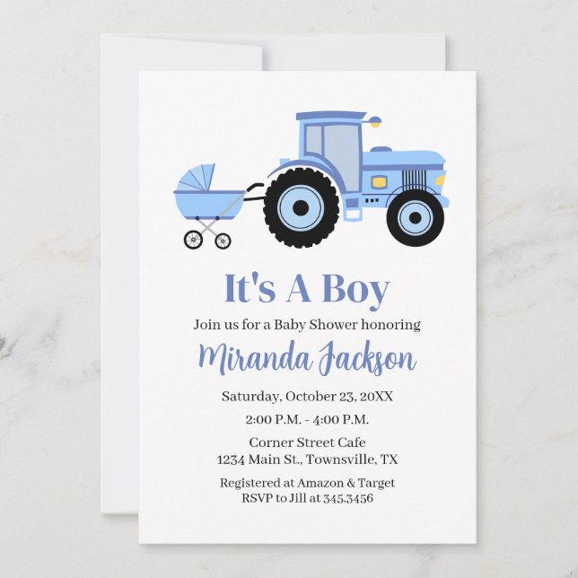 Convites Tractor Baby Shower Invitation Blue (Frente)