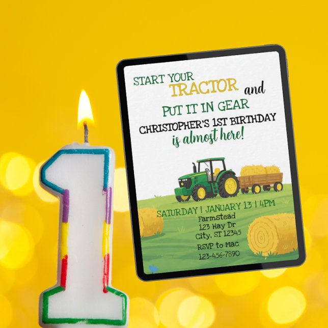 Convites Tractor in Gear, 1st Birthday (Criador carregado)