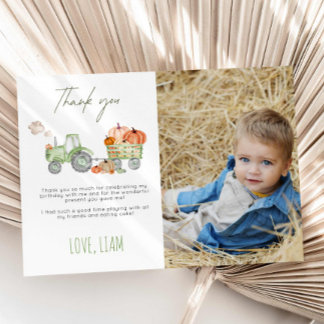 Convites Tractor & Pumpkin Birthday Thank You Photo Card