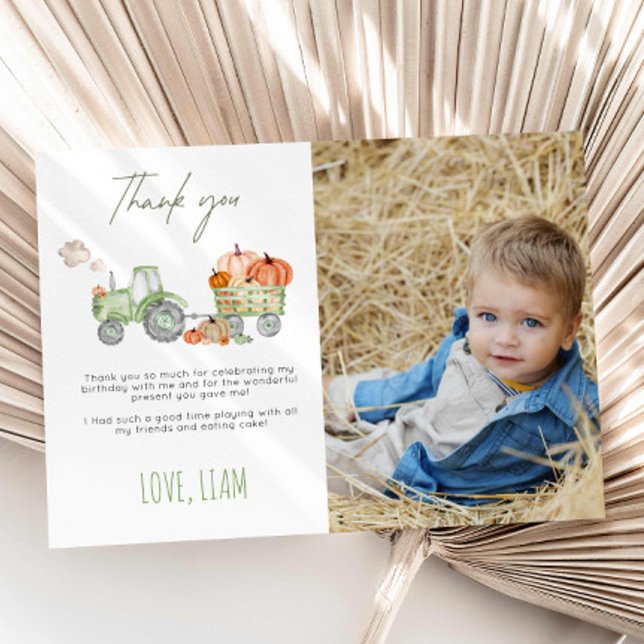 Convites Tractor & Pumpkin Birthday Thank You Photo Card (Criador carregado)