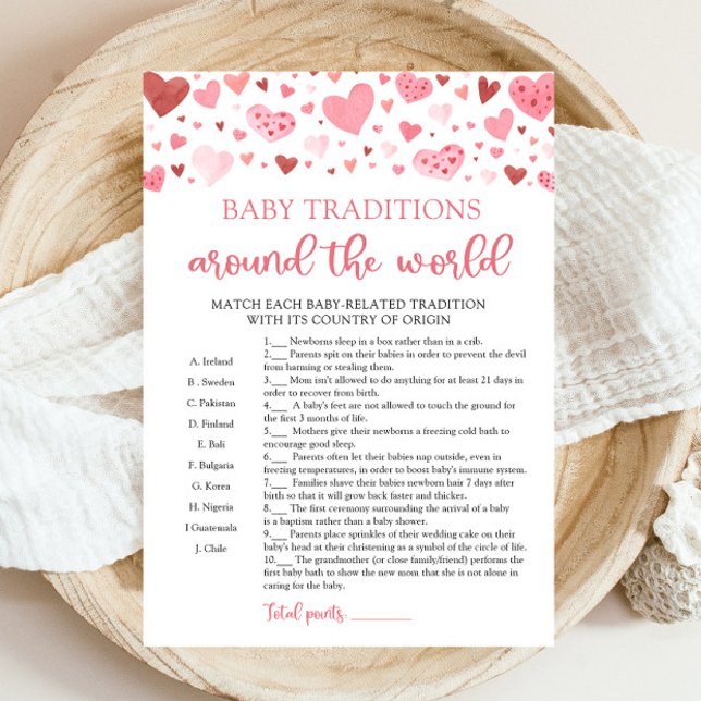 Convites Tradição De Bebês namorados Ao Redor Do Jogo Mundi (Watercolor Pink Hearts Valentine Sweetheart Girl Baby Traditions Around The World Baby Shower Game)