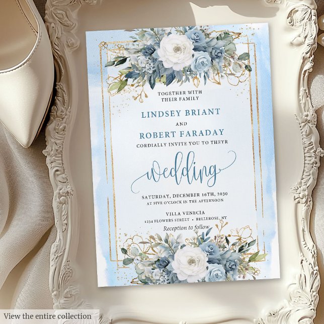 Convites Tradicional Flores Douradas Azuis Brancas Tradicio (Traditional Dusty Blue White Gold Flowers Invitation)