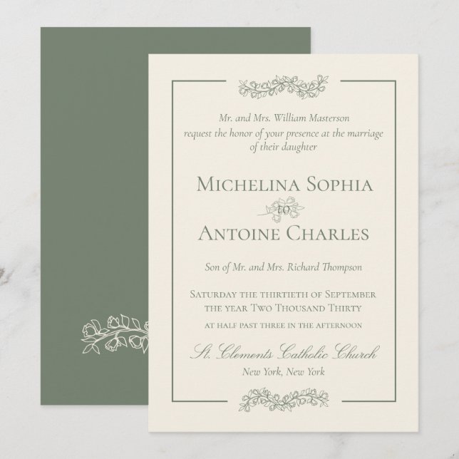 Convites Tradicional Formal Elegante Verde Sage | Casamento (Frente/Verso)