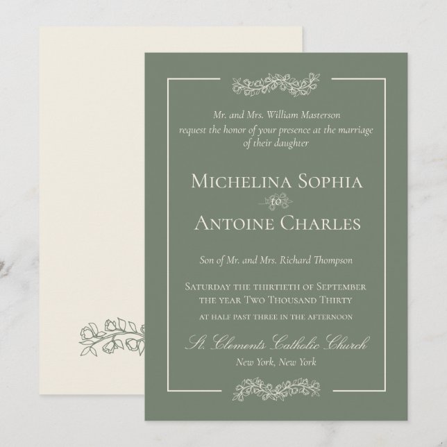 Convites Tradicional Formal Elegante Verde Sage | Casamento (Frente/Verso)