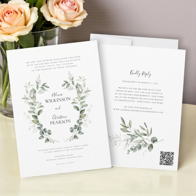 Convites Traditional Botanical Greenery Wedding QRCode RSVP (Criador carregado)
