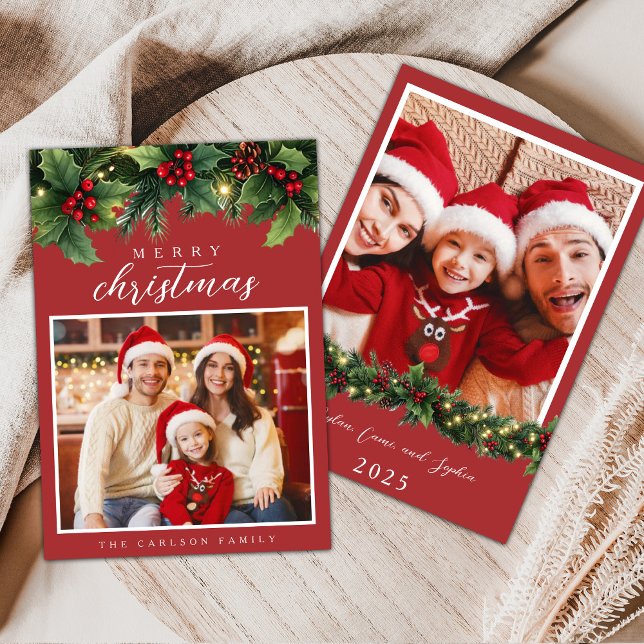 Convites Traditional Family Christmas Card with Holly (Criador carregado)