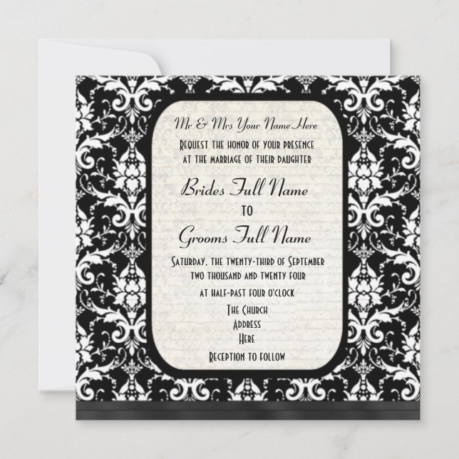 Convites Traditional formal black and white damask wedding (Frente)