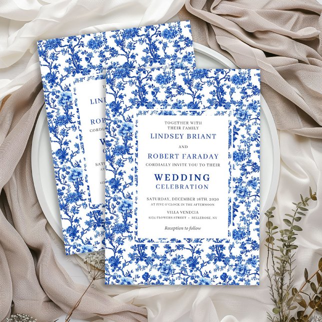 Convites Traditional French Toile Blue Floral Wedding  (Traditional French Toile Blue Floral Wedding Invitation)