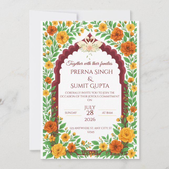 Convites Traditional Indian Floral Wedding Invitation  (Frente)