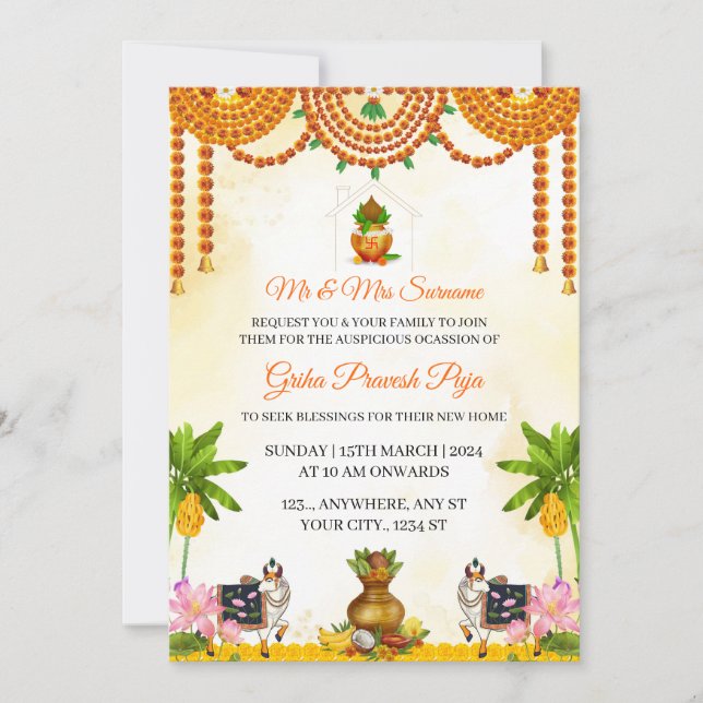 Convites Traditional Indian Griha Pravesh Puja Invitation (Frente)