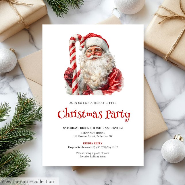 Convites Traditional Santa Watercolor Christmas Dinner  (Traditional Santa Watercolor Christmas Dinner Invite)