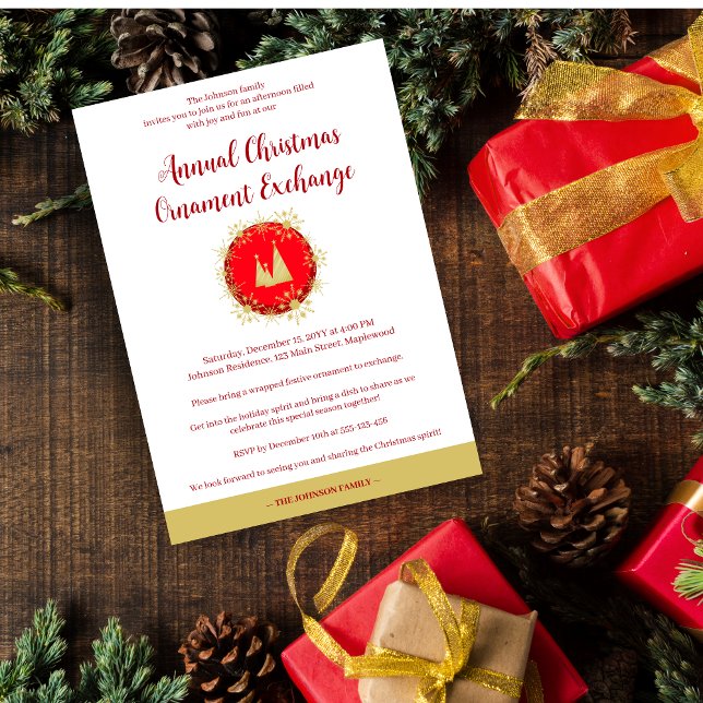 Convites Traditional Snowflakes Christmas Ornament Exchange (Traditional Snowflakes Christmas Tree Ornament in Red and Fake Golden Invitation.)