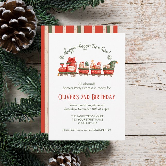 Convites Train 2nd Birthday Watercolor Santa Party Express (Criador carregado)
