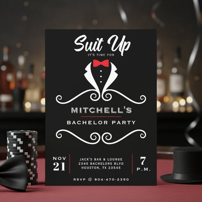 Convites Traje de Smoking para Despedida de Solteiro Gravat (Bachelor Party Tuxedo Suit Bowtie Black & Red Invitation
)