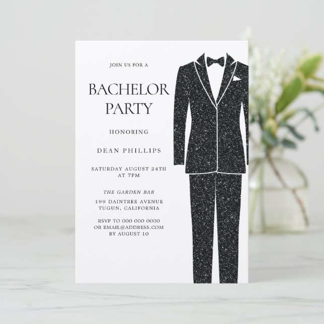 Convites Traje Preto & Gravata Champagne Brilho Despedida d (Em pé/Frente)