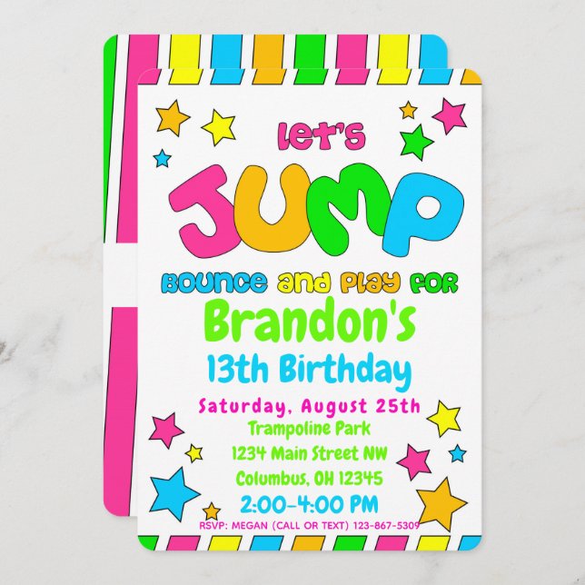 Convites Trampoline Jump Park Party em cores neonosas (Frente/Verso)