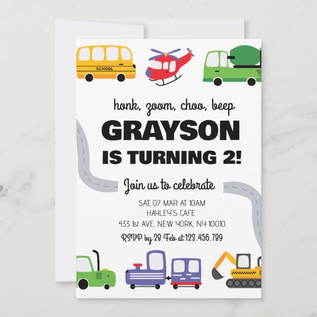 Convites Transportation 2nd Birthday Invitation for Boy (Frente)
