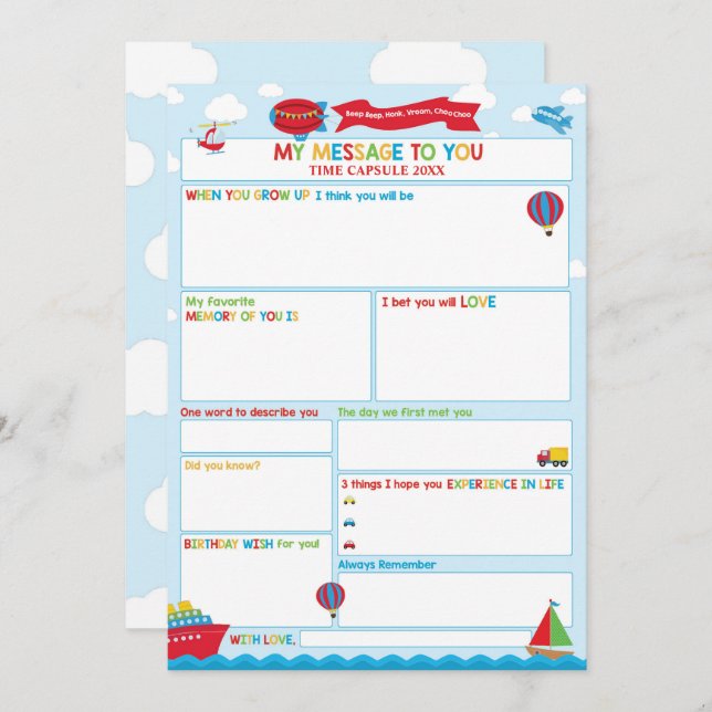 Convites Transportation Activity Time Capsule Message Card  (Frente/Verso)