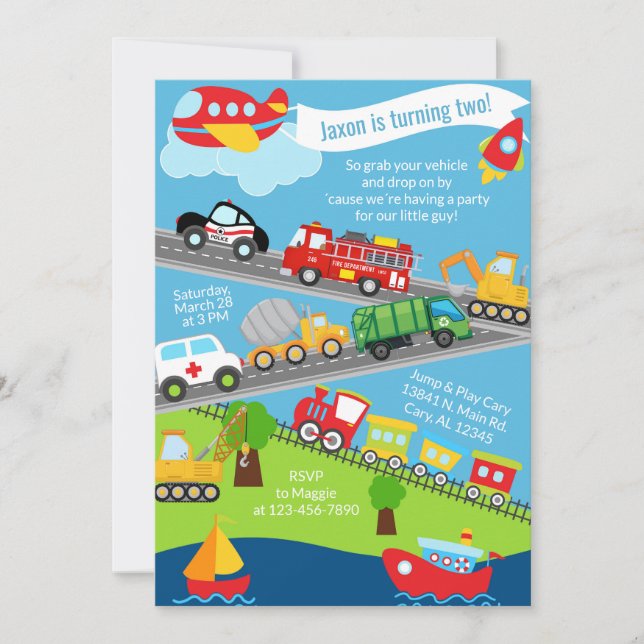 Convites Transportation vehicles boy birthday invite. (Frente)