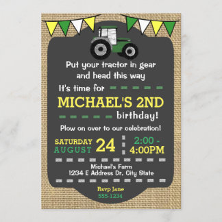 Convites Trator Birthday Invite, Trator Verde e Amarelo