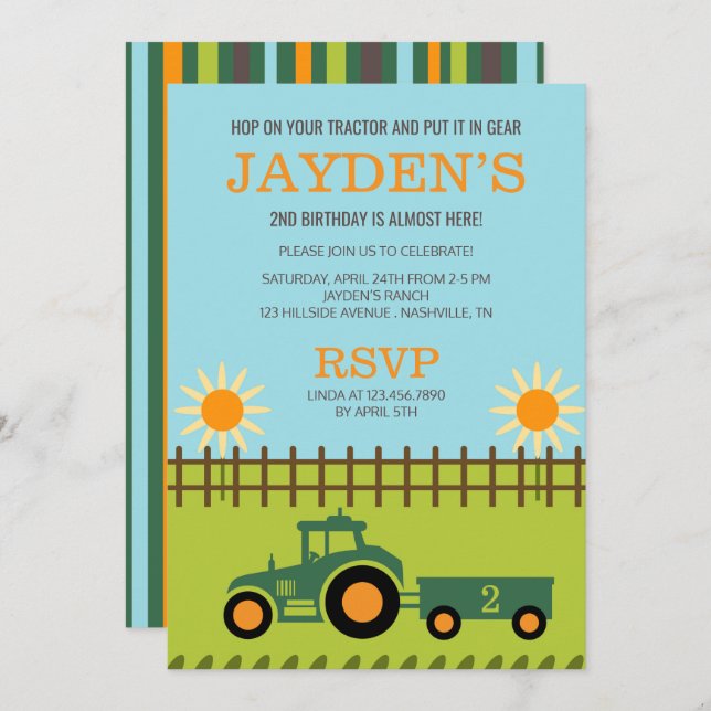 Convites Trator/Convite de aniversário (Frente/Verso)