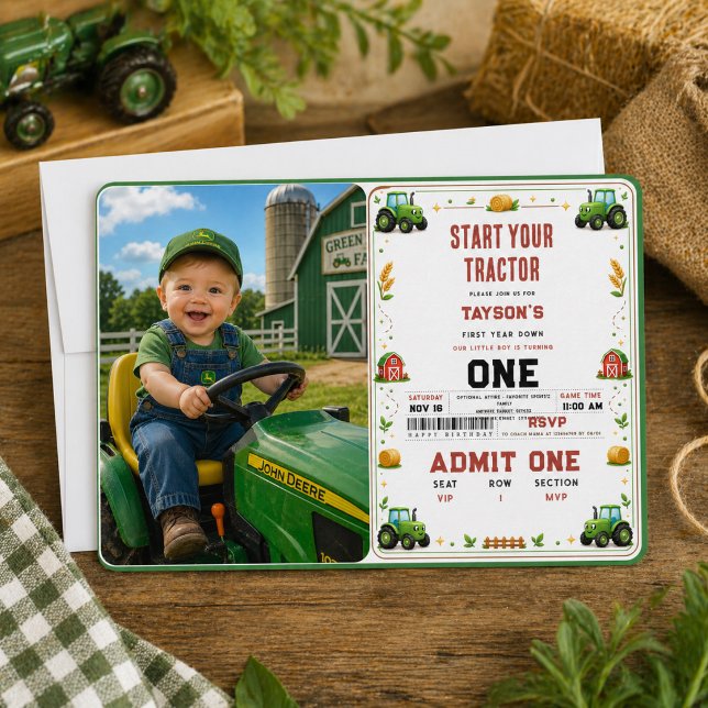 Convites Trator Verde Rústico Fazenda 1º aniversário (Rustic Green Tractor Farm 1st birthday Invitation
)