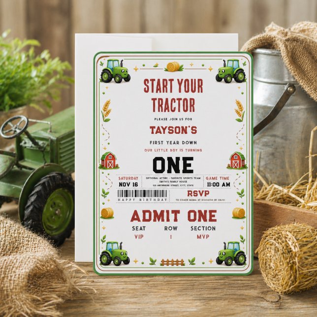 Convites Trator Verde Rústico Fazenda Primeiro Ano Bilhete  (Rustic Green Tractor Farm 1st birthday Invitation
)
