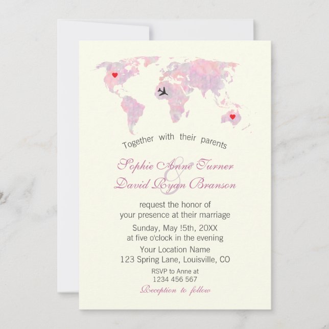 Convites Travel Wedding Watercolor World Map Ivory (Frente)