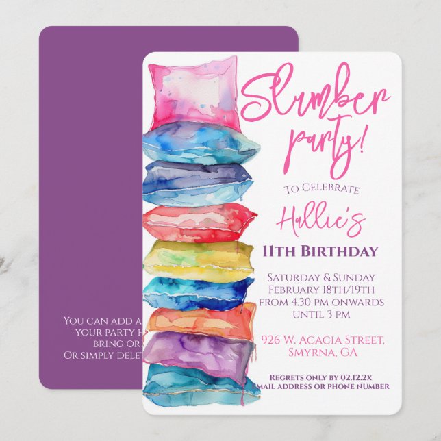 Convites Travesseiro de Aquarela Festa de Dormir (Frente/Verso)