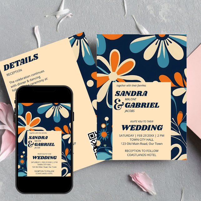 Convites Trazendo flores de margarida de 70 anos, casamento (Retro 70ies teal blue daisy flowers wedding all in one editable template invitation digital download)