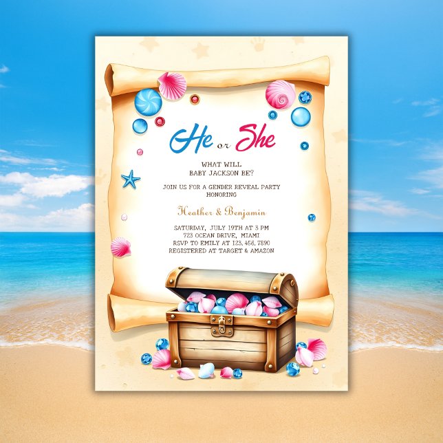 Convites Treasure Chest Beach, prestigiada festa de gênero (Treasure Chest Beach Themed Gender Reveal Party Invitation)