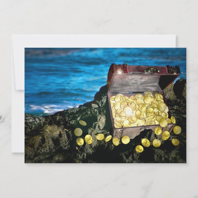 Convites Treasure Chest de Dourado nas Rochas (Frente)