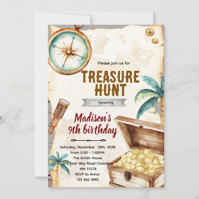 Convites Treasure hunt birthday party theme invitation (Frente)