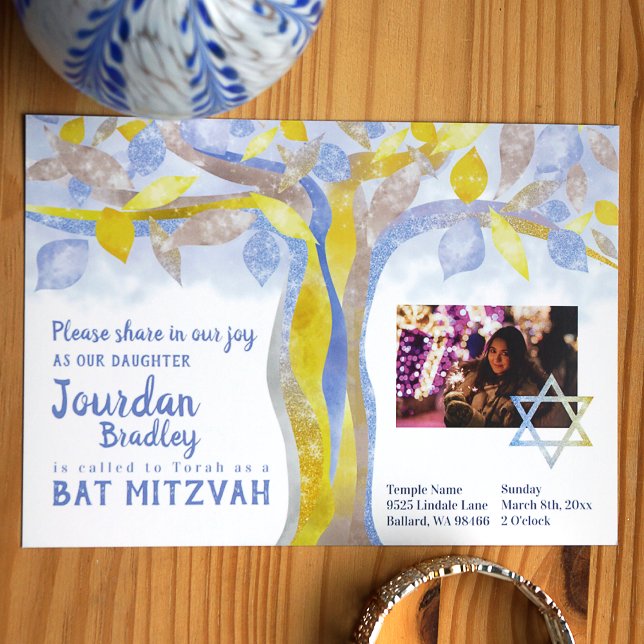 Convites Tree of Life Bat Mitzvah Invitation (Blue and yellow tree of life with sparkly leaves, star of david over photo)