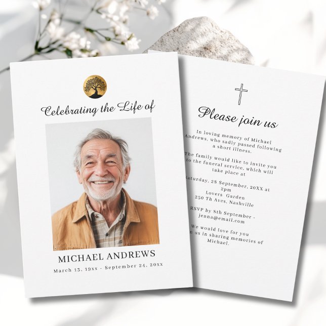 Convites Tree of Life - Celebration of Life Funeral Photo  (Tree of Life - Celebration of Life  Funeral Photo Cross Invitation)