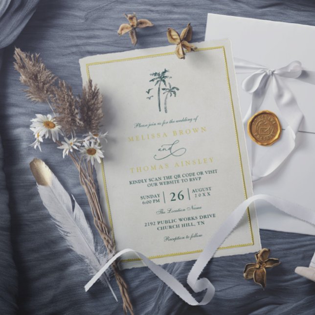 Convites Trees Palm Coastal Drift Beach QR Code Wedding (Criador carregado)