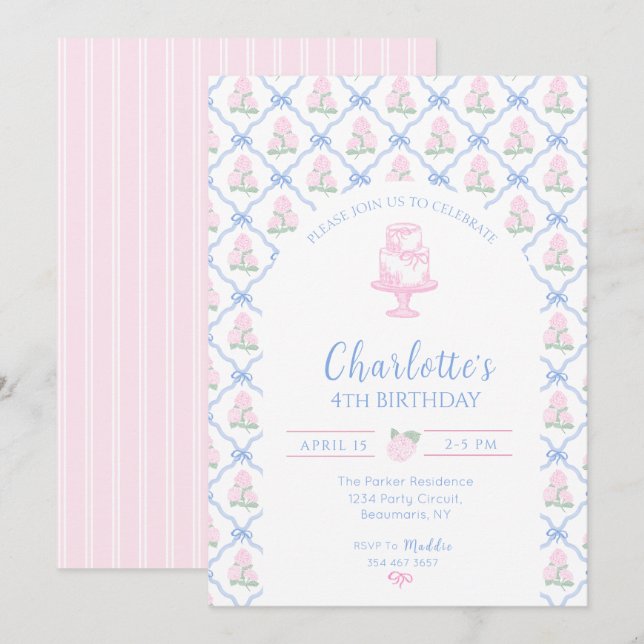 Convites Treliça de Hortênsia Verde Rosa com Laço Azul (Frente/Verso)