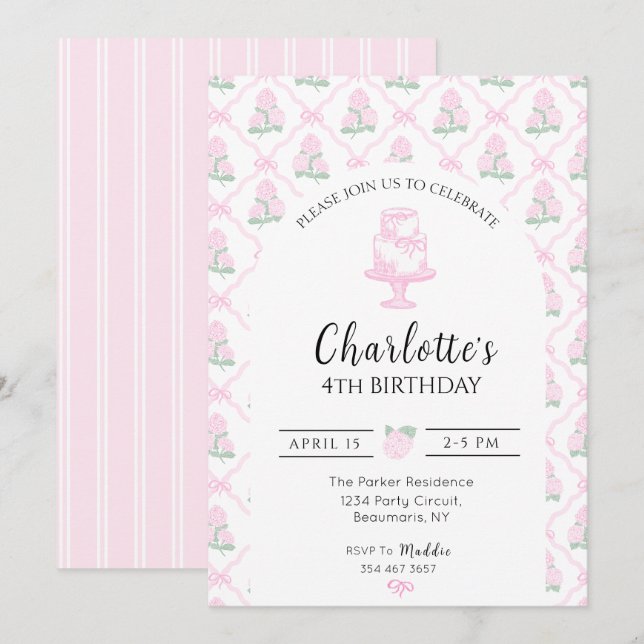 Convites Treliça de Hortênsias Rosa e Verde com Laços (Frente/Verso)