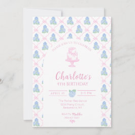 Convites Trellis de Hortênsia Azul Verde com Laço Rosa