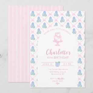 Convites Trellis de Hortênsia Azul Verde com Laço Rosa